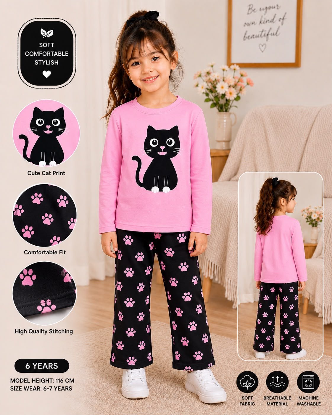 Girls Cute Cat Print Nightsuit-kids clozet - Kids Clozet