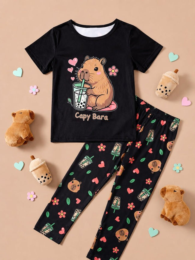 Kids Cute Capybara & Boba Tea Nightsuit-kids clozet - Kids Clozet Hover Image