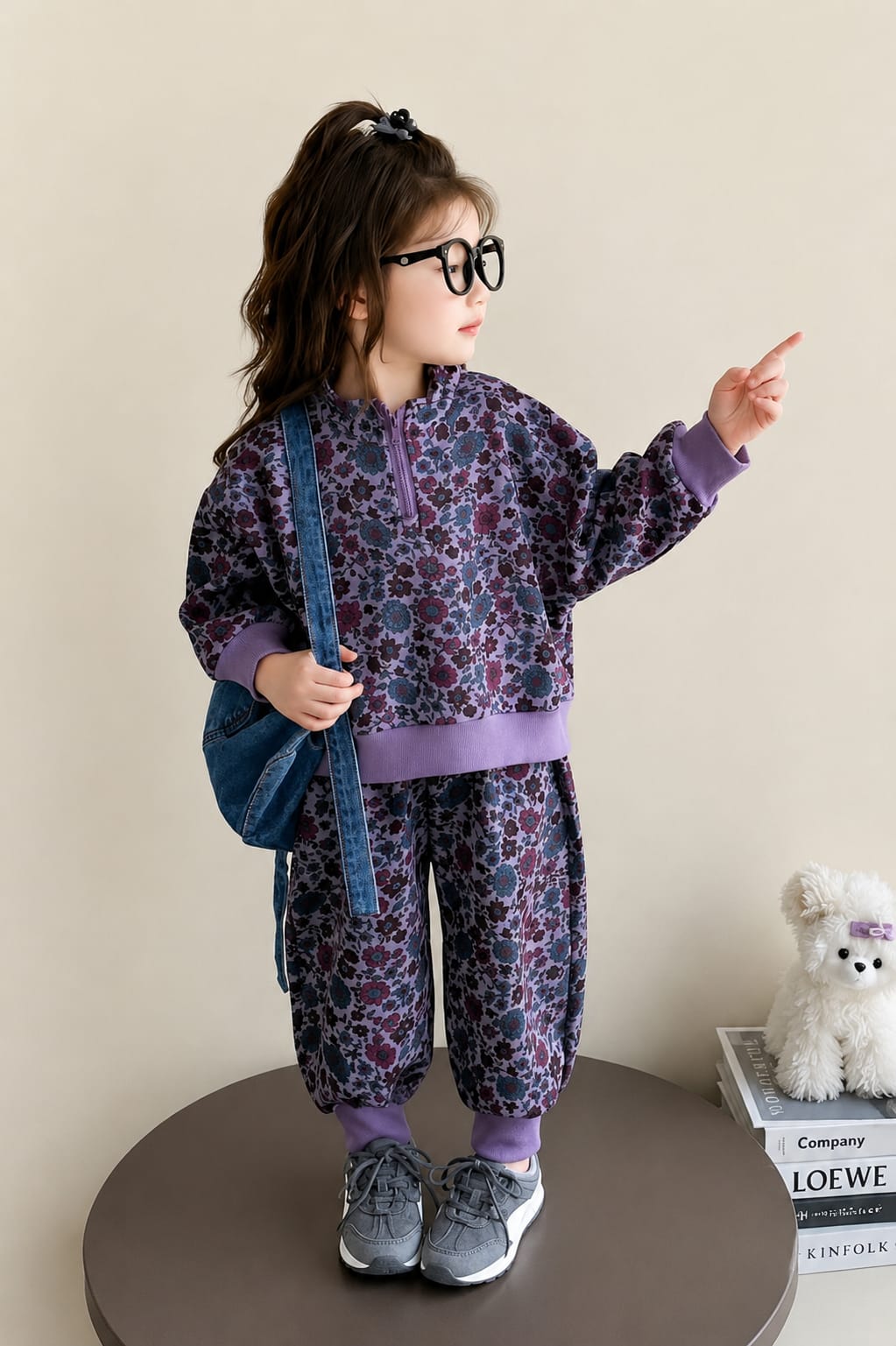Girls Purple Floral Printed 2-Piece Winter Tracksuit