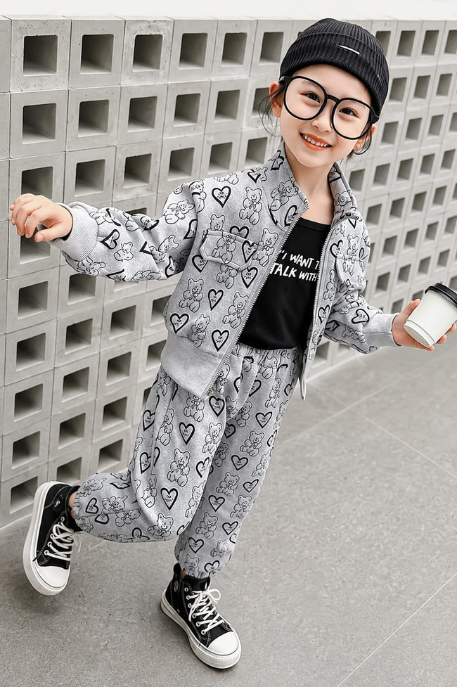 Girls Teddy Print Zip-Up Co-Ord Set Hover Image