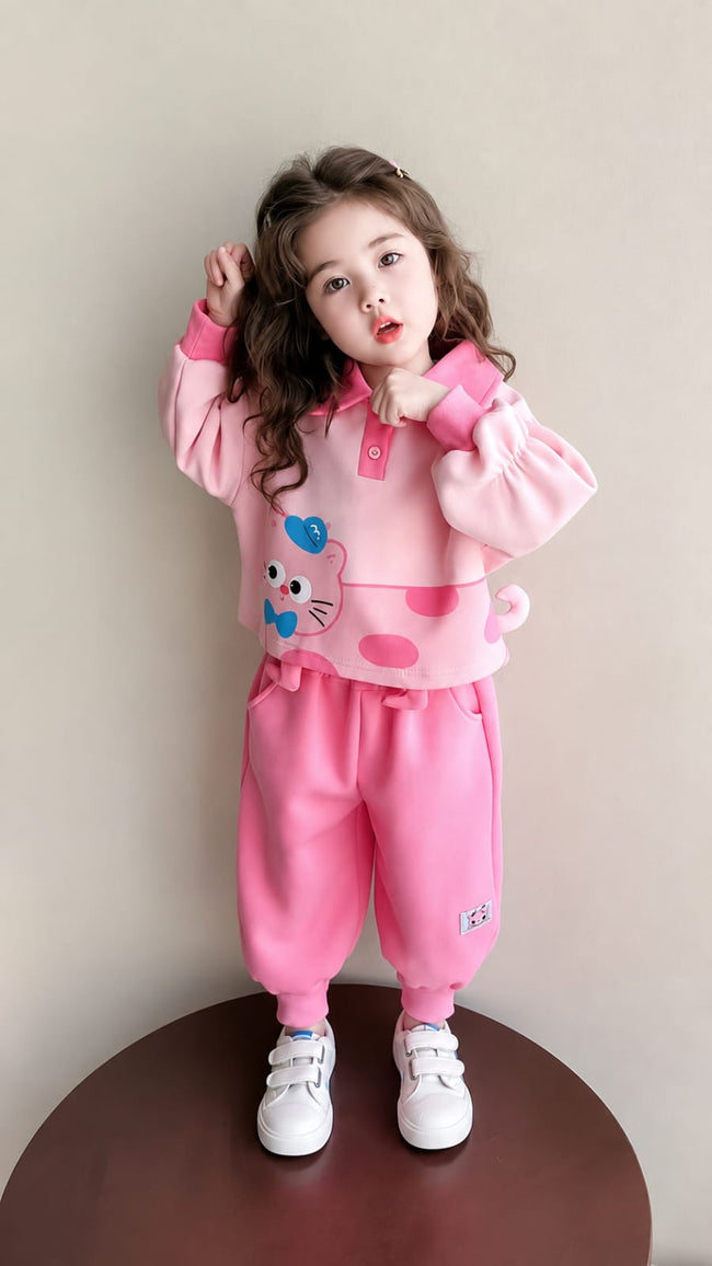 Cute Pink Cat Printed Kids Tracksuit Hover Image
