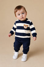Cute navy and white striped sweatshirt with matching trousers. 🧸