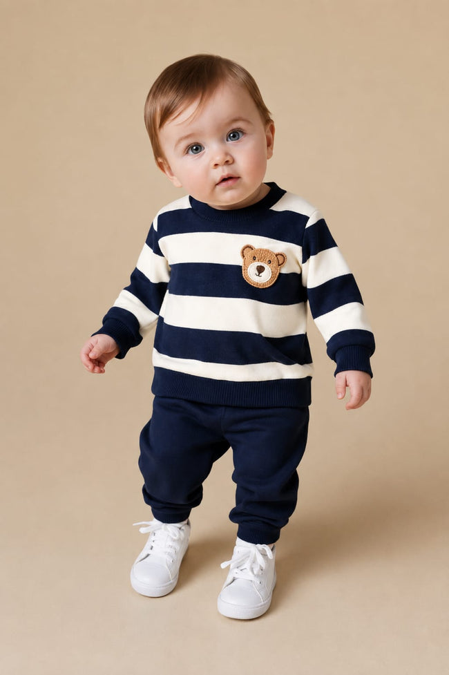 Cute navy and white striped sweatshirt with matching trousers. 🧸 Hover Image