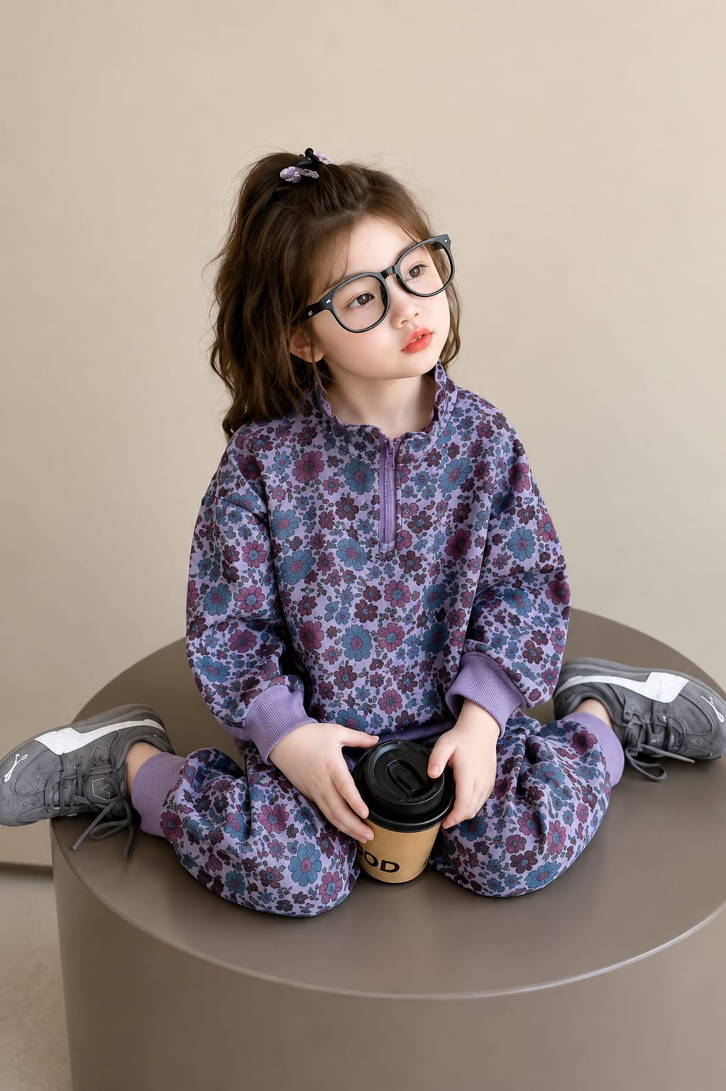 Girls Purple Floral Printed 2-Piece Winter Tracksuit