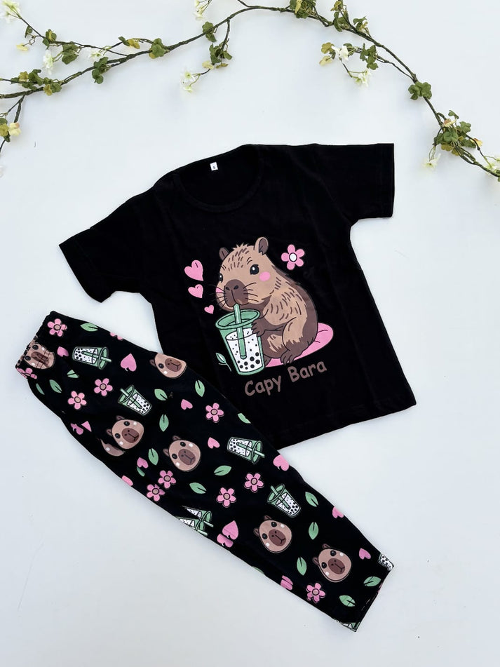 Kids Cute Capybara & Boba Tea Nightsuit-kids clozet