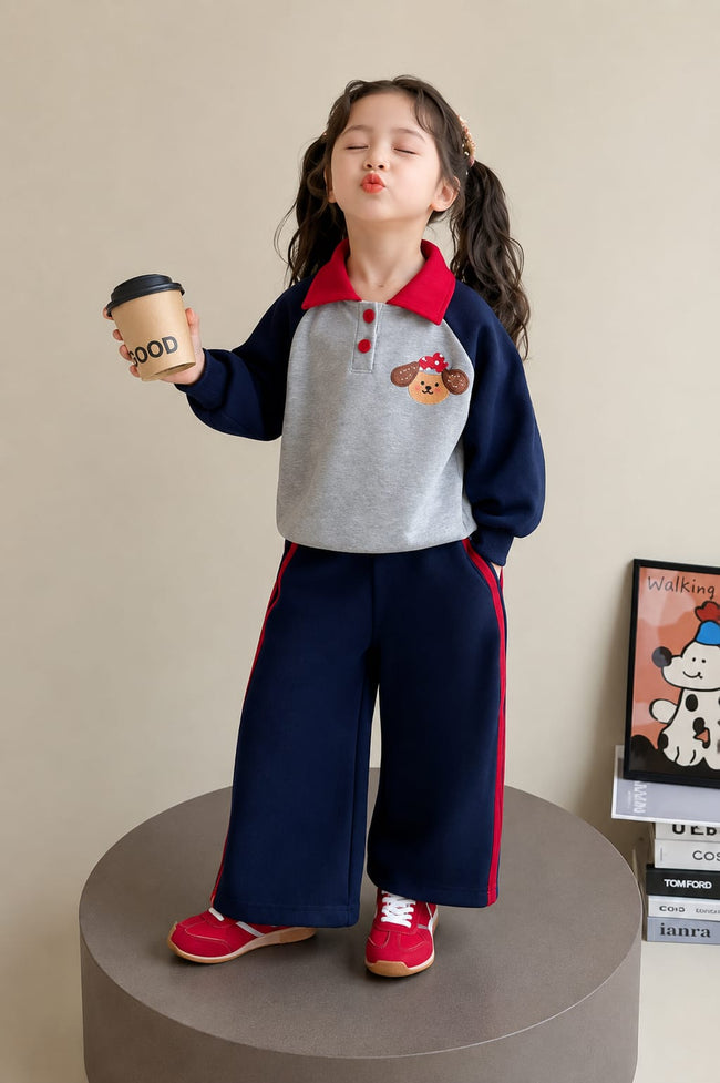 Grey and Navy Blue Cute Puppy Print Kids Track Suit Hover Image