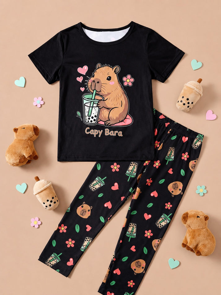 Kids Cute Capybara & Boba Tea Nightsuit-kids clozet