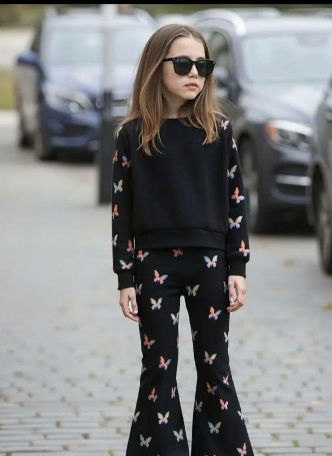 Stylish Butterfly Print Two-Piece Girls' Sweatshirt & Flapper