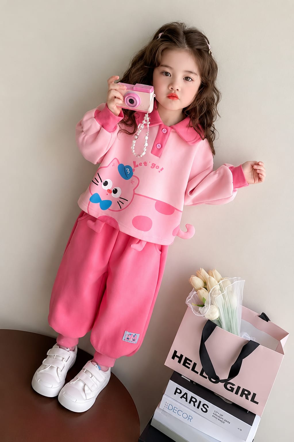 Cute Pink Cat Printed Kids Tracksuit