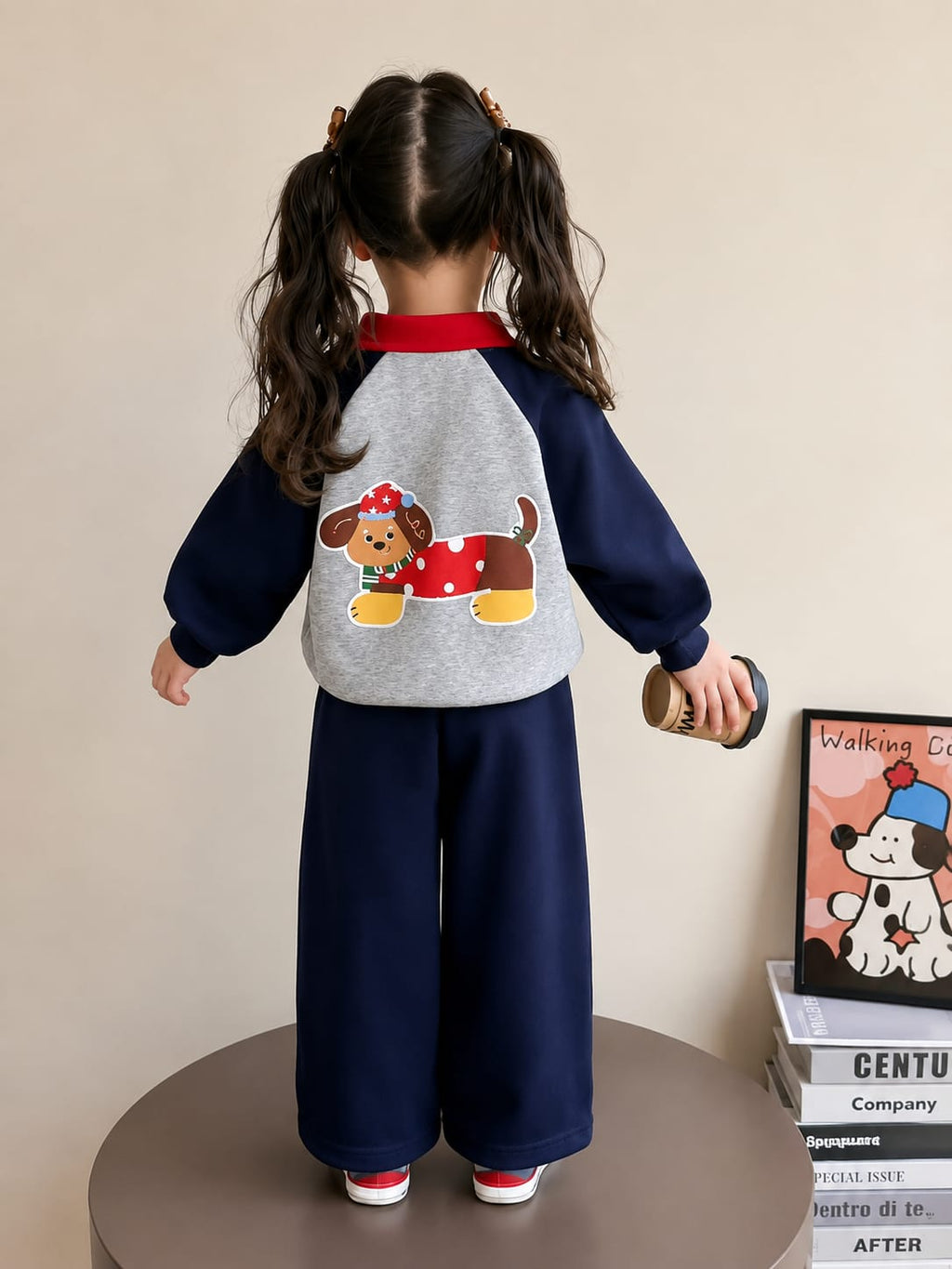 Grey and Navy Blue Cute Puppy Print Kids Track Suit