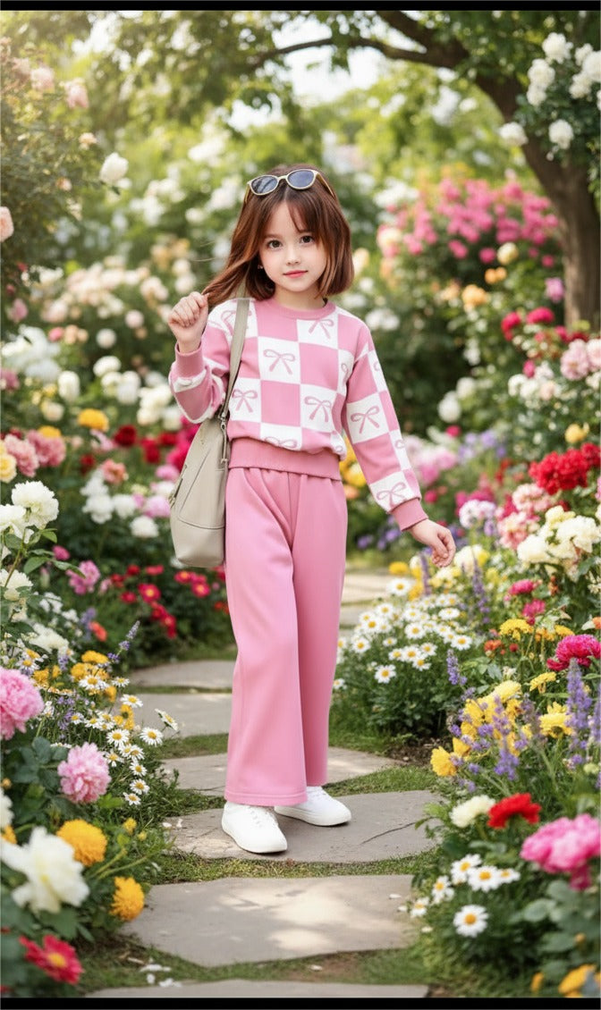 Elegant Pink Checkered Bow-Style Sweatshirt aur Matching Loose Flapper