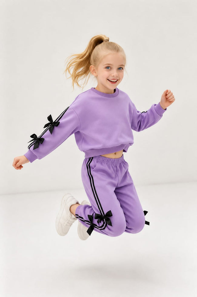 Girls Lilac Bow Style SweatShirt & trouser Hover Image
