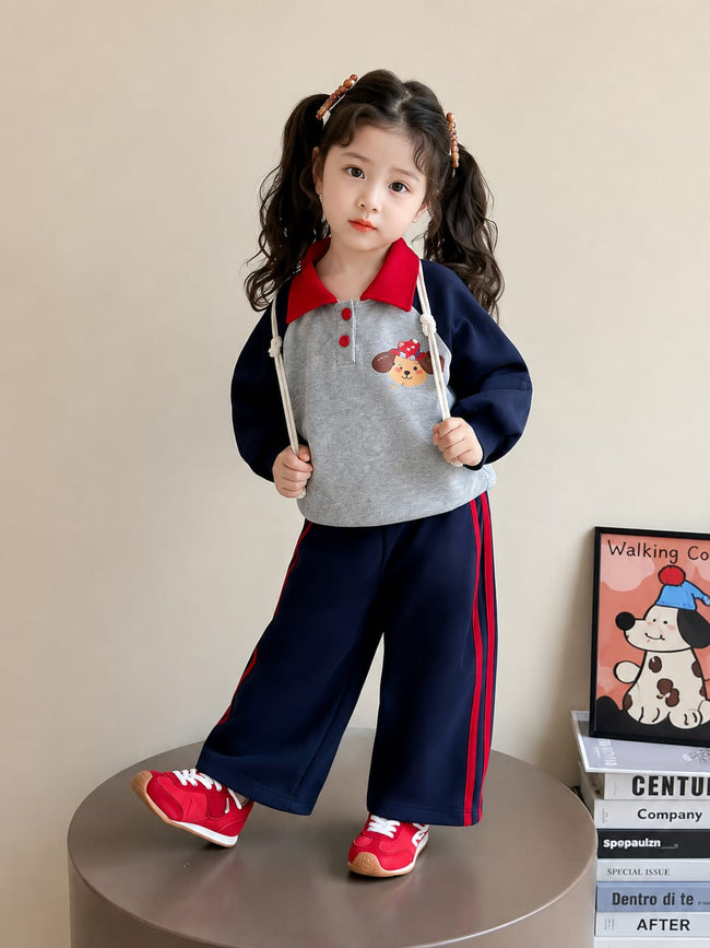 Grey and Navy Blue Cute Puppy Print Kids Track Suit Main Image