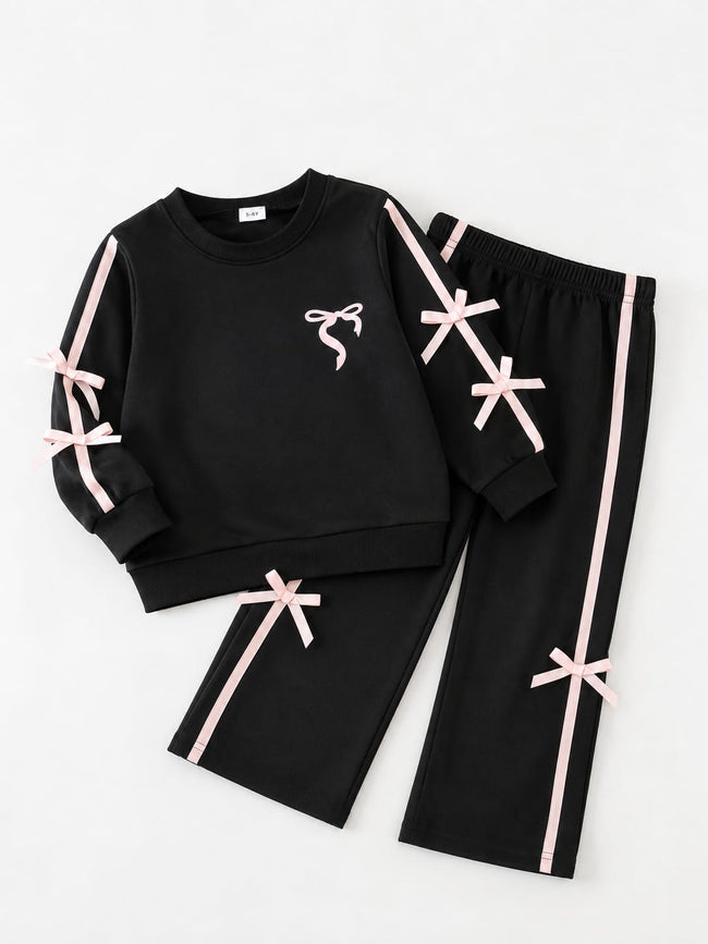 Girls black Bow Style SweatShirt & trouser Hover Image