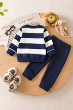 Cute navy and white striped sweatshirt with matching trousers. 🧸