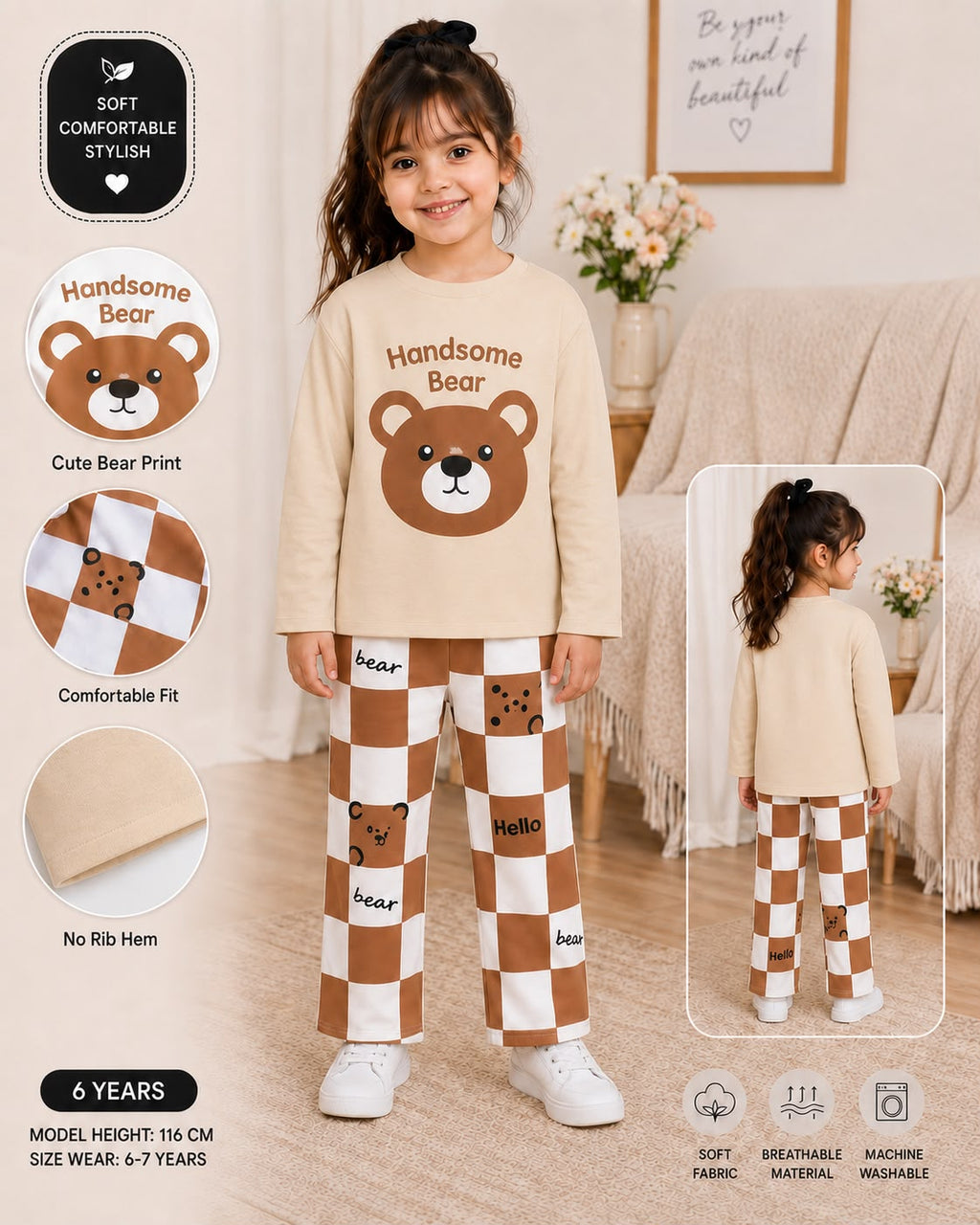 Girls Cute Handsome Bear Checkerboard Nightsuit-kids clozet