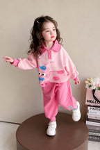 Cute Pink Cat Printed Kids Tracksuit