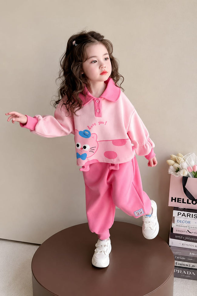 Cute Pink Cat Printed Kids Tracksuit Main Image