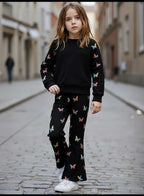 Stylish Butterfly Print Two-Piece Girls' Sweatshirt & Flapper