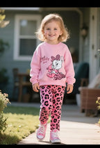 Cute Pink Character Sweatshirt aur Cheetah Print trouser