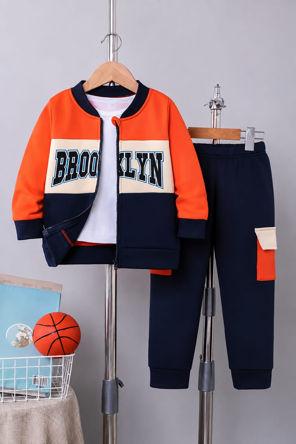 Boys blue & orange combination zipper hoodie with trouser