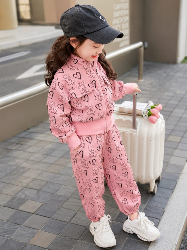 Girls Pink Teddy Print Zip-Up Co-Ord Set Main Image