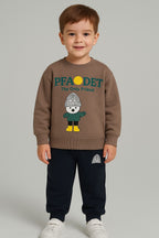 Soft Brown Character Sweatshirt aur Navy Blue trouser