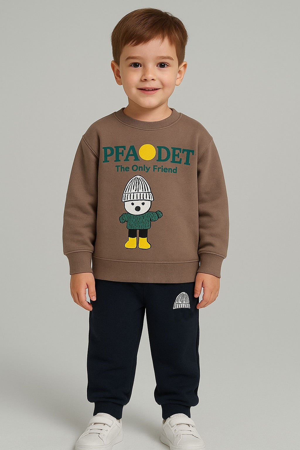 Soft Brown Character Sweatshirt aur Navy Blue trouser