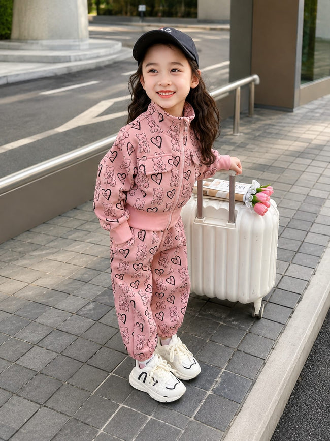 Girls Pink Teddy Print Zip-Up Co-Ord Set Hover Image