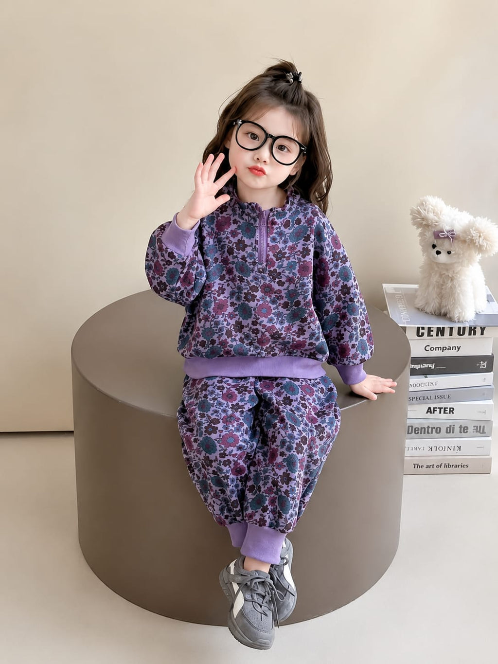 Girls Purple Floral Printed 2-Piece Winter Tracksuit