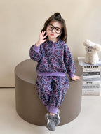 Girls Purple Floral Printed 2-Piece Winter Tracksuit