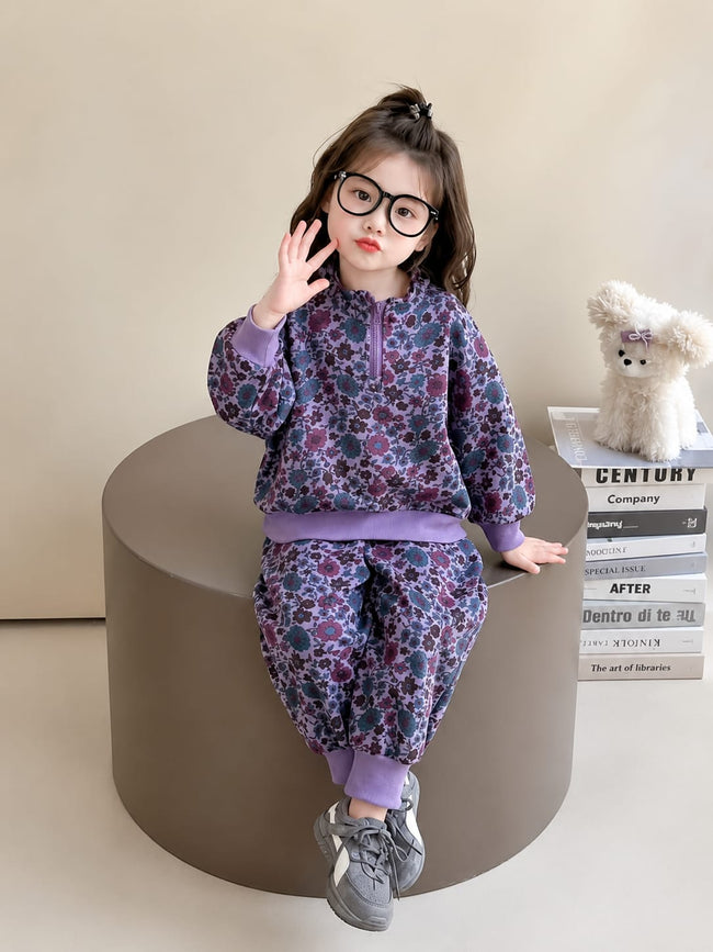 Girls Purple Floral Printed 2-Piece Winter Tracksuit Main Image