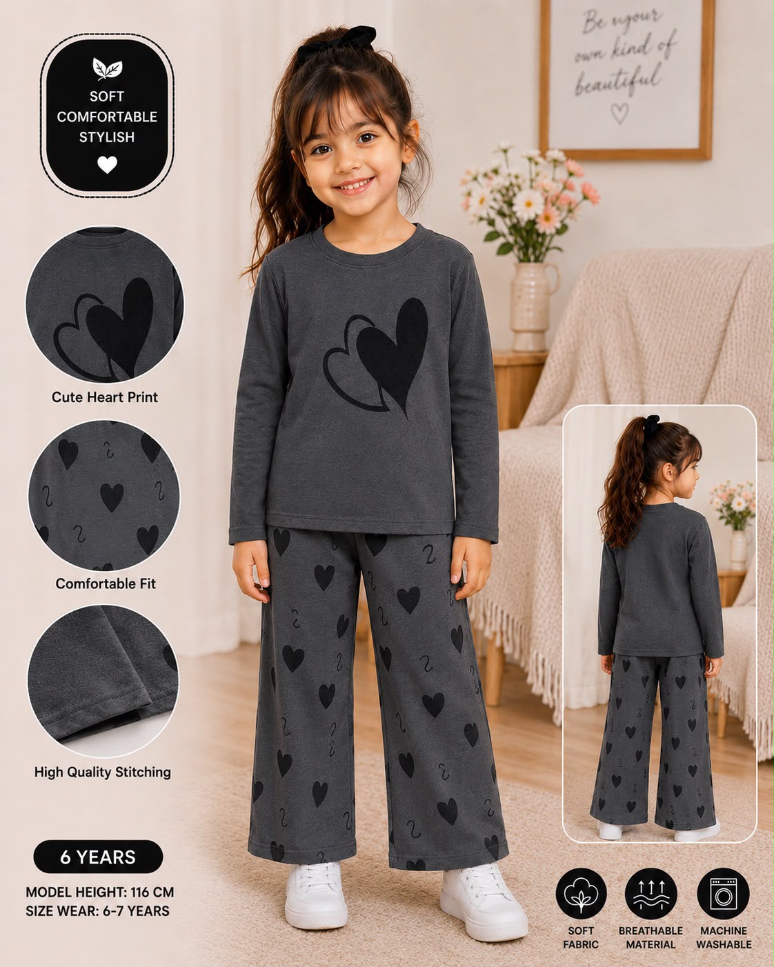 Girls Elegant Charcoal Grey Heart Print Nightsuit-kids clozet