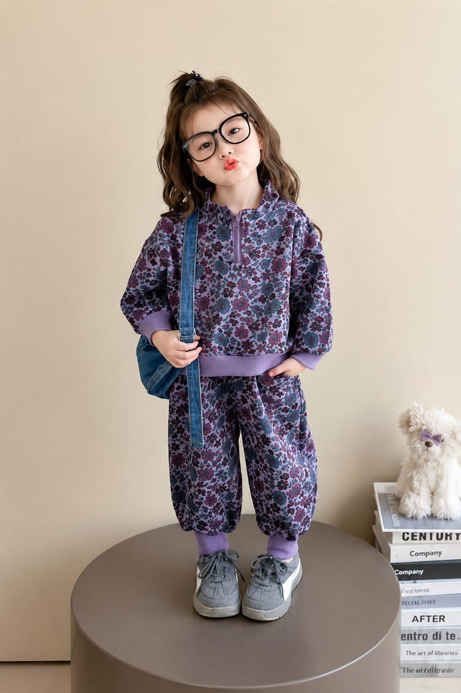Girls Purple Floral Printed 2-Piece Winter Tracksuit Hover Image