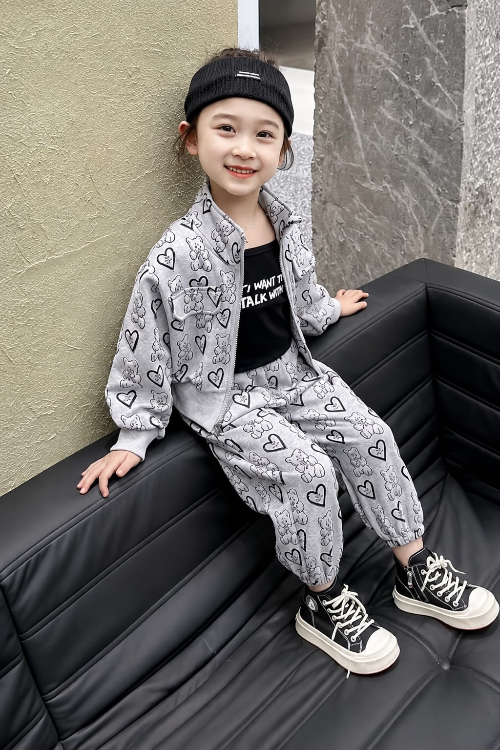 Girls Teddy Print Zip-Up Co-Ord Set