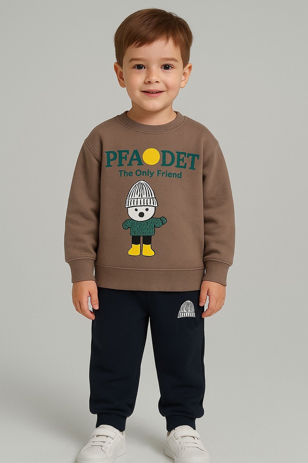 Soft Brown Character Sweatshirt & Navy Blue trouser-kids clozet - Kids Clozet